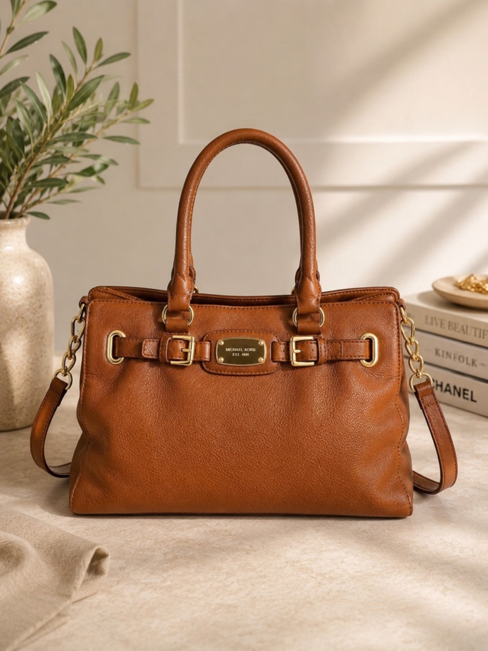 Michael Kors Hamilton Brown Pebbled Leather Satchel Tote Shoulder Bag Crossbody